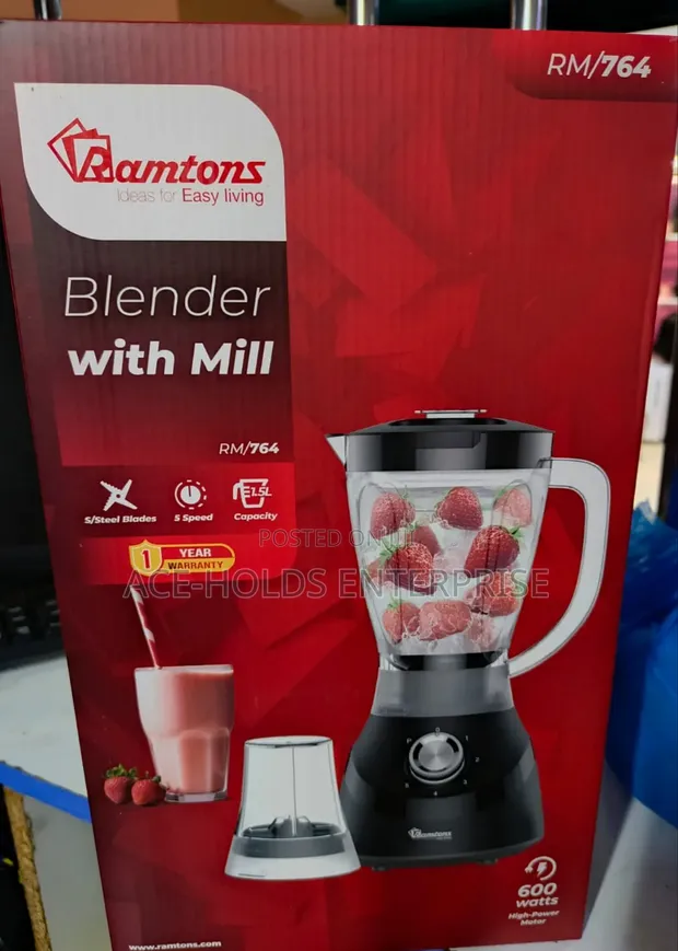 Ramtons 2-in-1 Blender with Grinder Jar, 600W, 5 Speed - 1