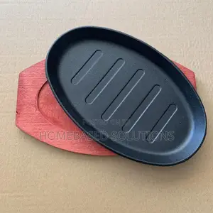 Brand New Cast Iron Sizzling Plate with Wooden Sauce Dish