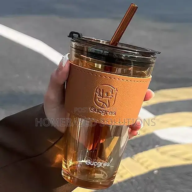 Glass Cups with Cover, Straw & Leather Sleeve - Reusable - 1
