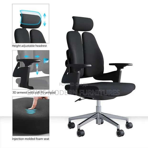 High-Back Dual Spine Ergonomic Office Chair - Black - 1