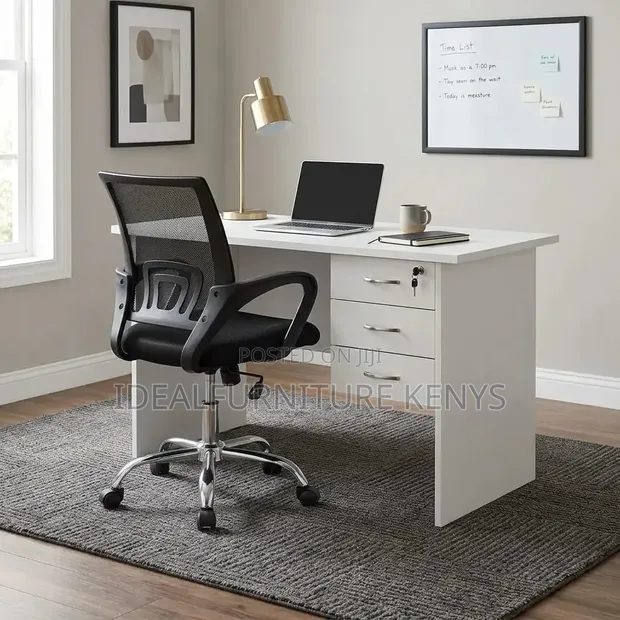 Modern White Office Desk with 3 Lockable Drawers - 1