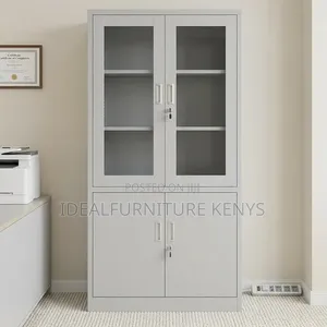 Glass Top Metal Storage Cabinet - Light Grey