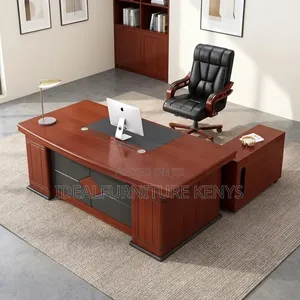 Executive L-Shaped Office Desk with Side Cabinet - Mahogany Brown