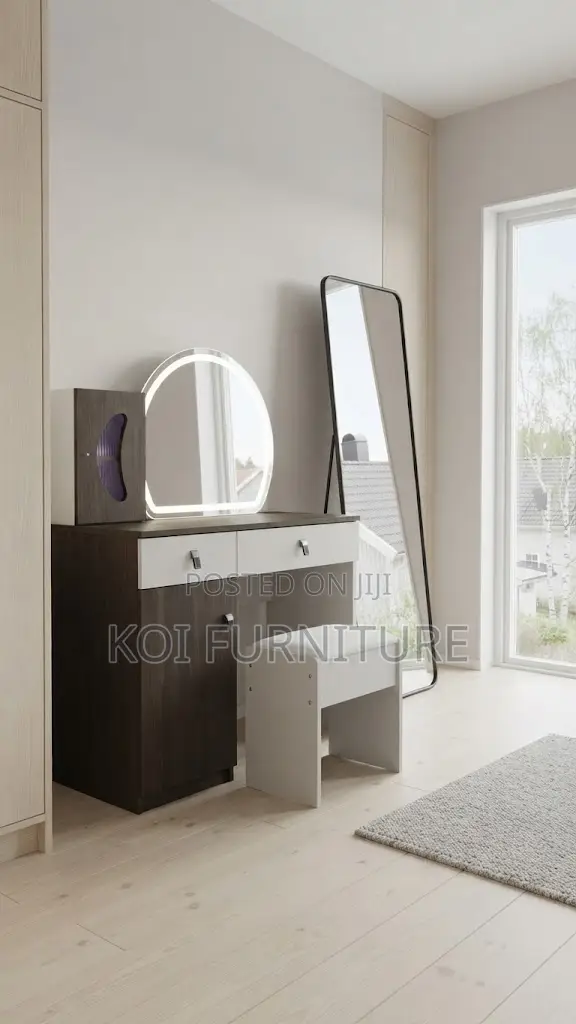 Brown Modern Dressing Vanity Set with LED Lights - 1