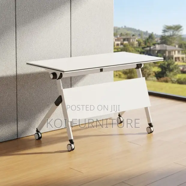 White Foldable Home Office Study Table with Wheels - 1