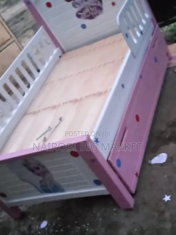 Pink 3x6 Kids Baby Coat Bed with Underbed Cabinet & Side Rail - 1