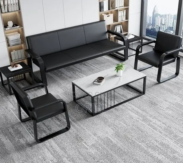 5-Seater Office Sofa Set - Black Leather - 1