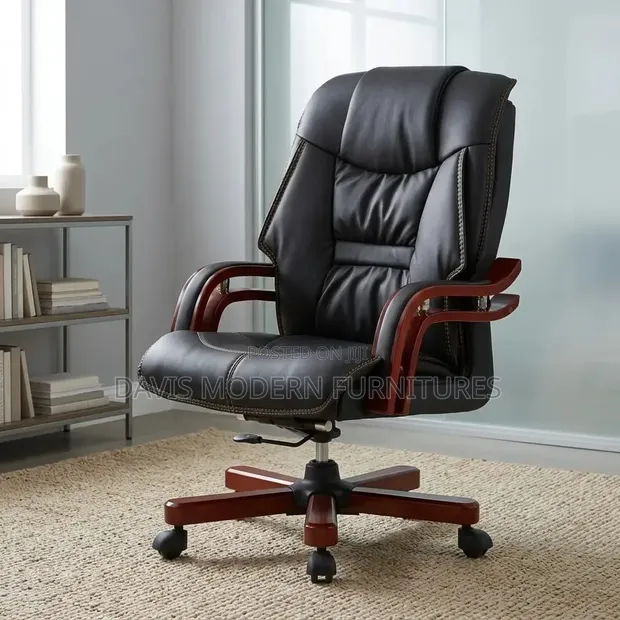 High-Back Executive Leather Office Chair with Wooden Accents - Black - 1