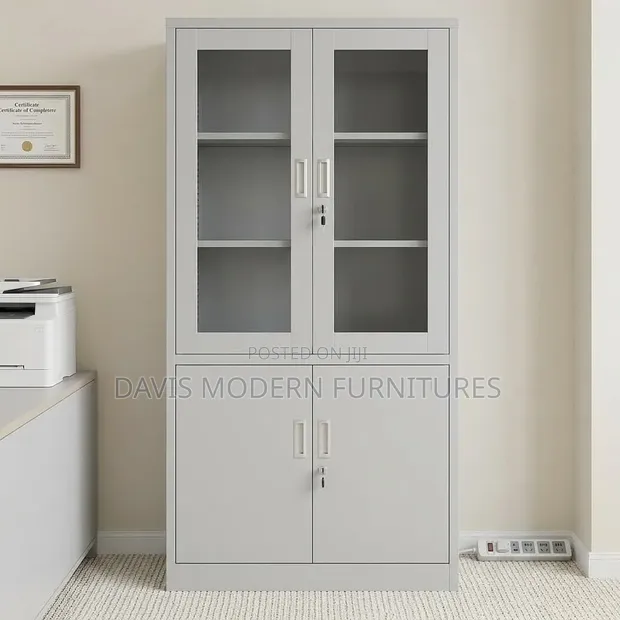 4-Door Metal Filing Cabinet with Glass Top - Light Grey - 1