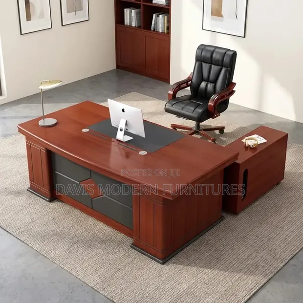 Executive L-Shaped Office Desk with Side Cabinet - Mahogany Brown - 1
