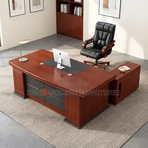 Executive L-Shaped Office Desk with Side Cabinet - Mahogany Brown