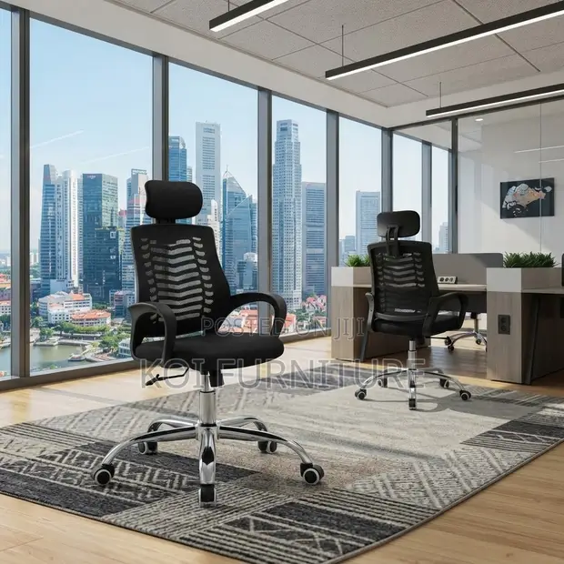 Modern Office Chair with Headrest - Black Fabric - 1