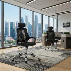 Modern Office Chair with Headrest - Black Fabric