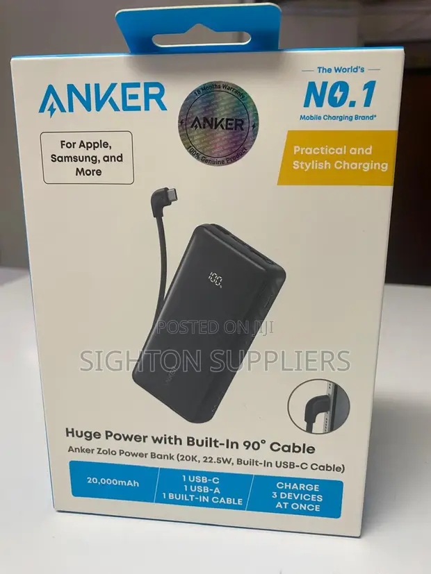 Anker Zolo Power Bank 20,000mAh, 22.5W, Na Kebo ya USB-C Iliyoingizwa Ndani - 1