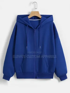 Casual Royal Blue Oversized Zip-Up Hoodie