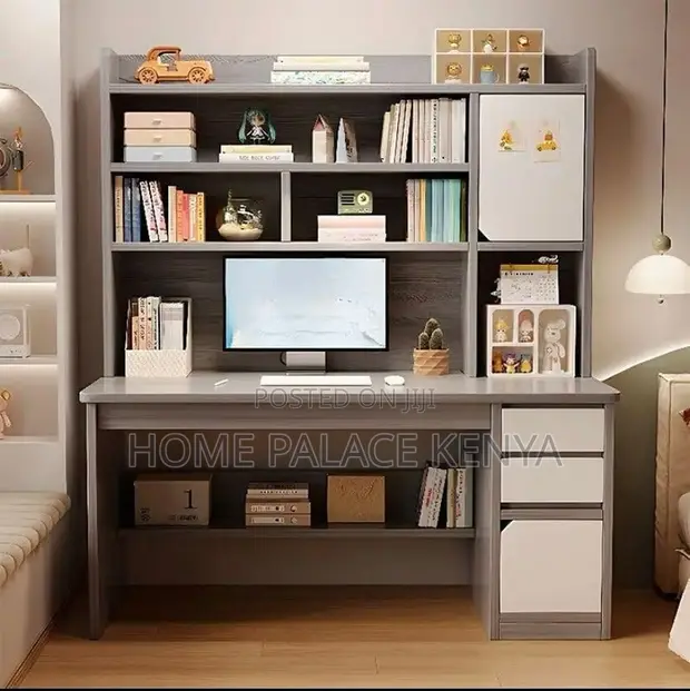 Elegant Study Desk with Open Shelves - Gray Wood - 1