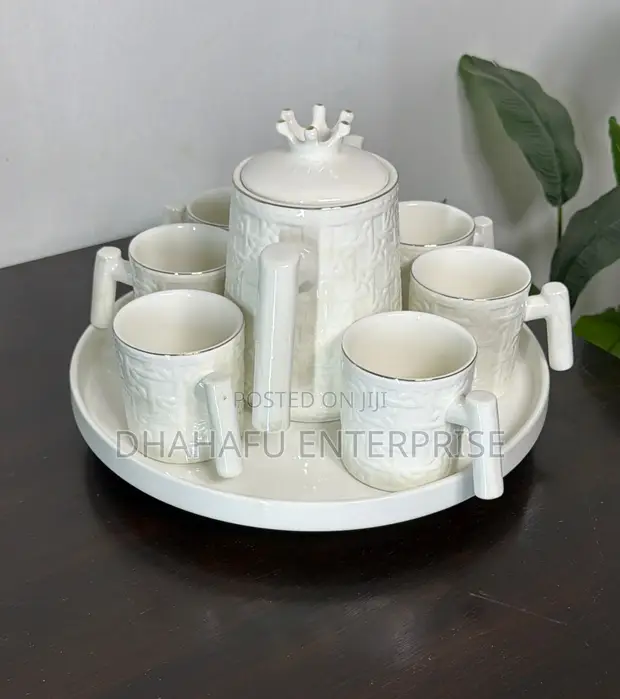 Crown Tea Set - 6 Mugs, Teapot, Rotating Tray - 1