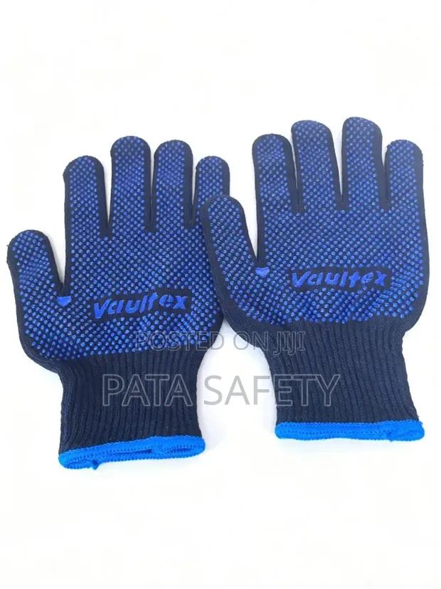 Blue Cotton Knitted Gloves with PVC Dots - 1