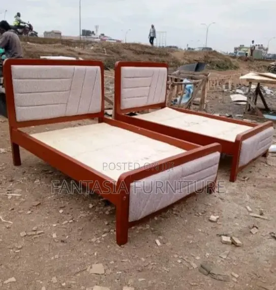 5x6 Wooden Bed Frame with Grey Padded Headboard - 1