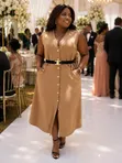Elegant White & Beige Short Sleeve Dress - 2