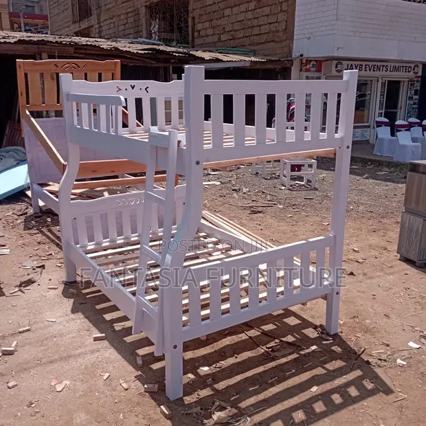 White Wooden Bunk Bed (3.5x6, 4x6) with Ladder - 1