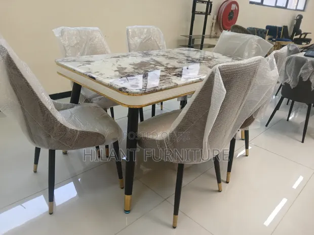 Luxury 6-Seater Marble Dining Table Set - Gold Black Modern - 1