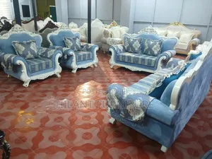 Luxury 7-Seater Classic Sofa Set - Royal Blue & White