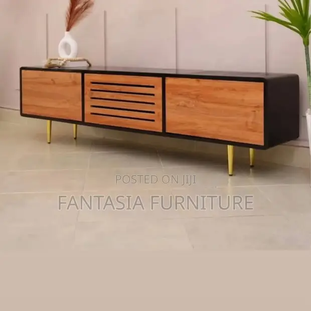 Black Wood TV Console with Gold Legs - 1