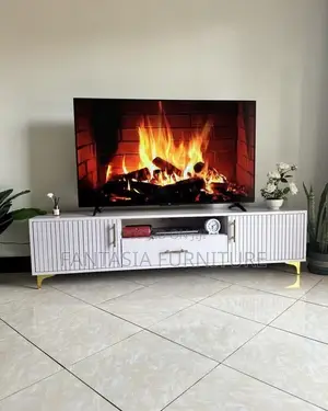 White Fluted TV Console with Gold Legs