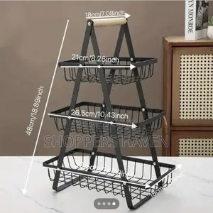 3 Tier Metallic Fruit Basket with Wood Handle