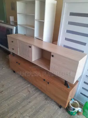 Wooden TV Console with Slatted Cabinet Door