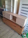 Wooden TV Console with Slatted Cabinet Door - 1