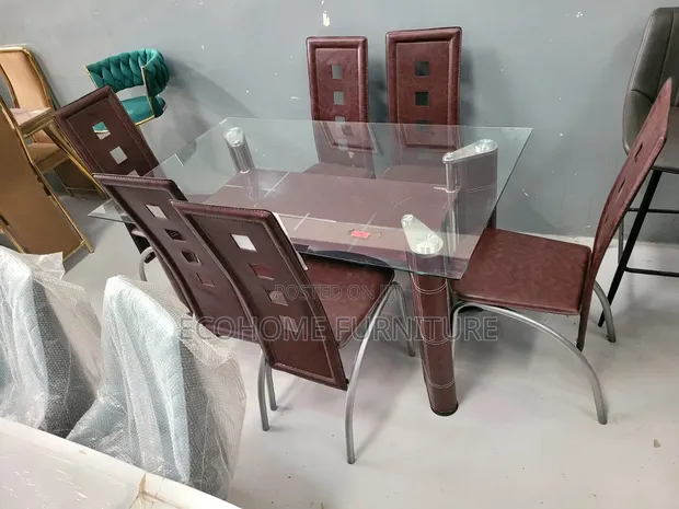 6 Seater Dining Set with Glass Top & Upholstered Chairs - 1