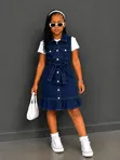 3pc Baby Girl Set: Denim Dress, White Top & Hairband (2-8yrs) - 2