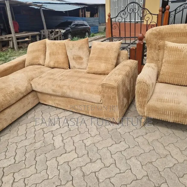 Brand New 5 Seater Beige Corduroy Sectional Sofa Set - 1