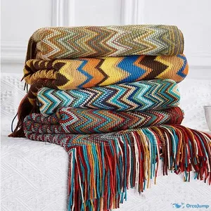 Bohemian Knitted Throw Blanket with Tassels