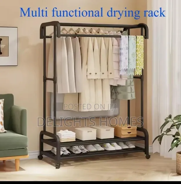 Double Pole Wheeled Clothes Drying Rack - Nyeusi - 1