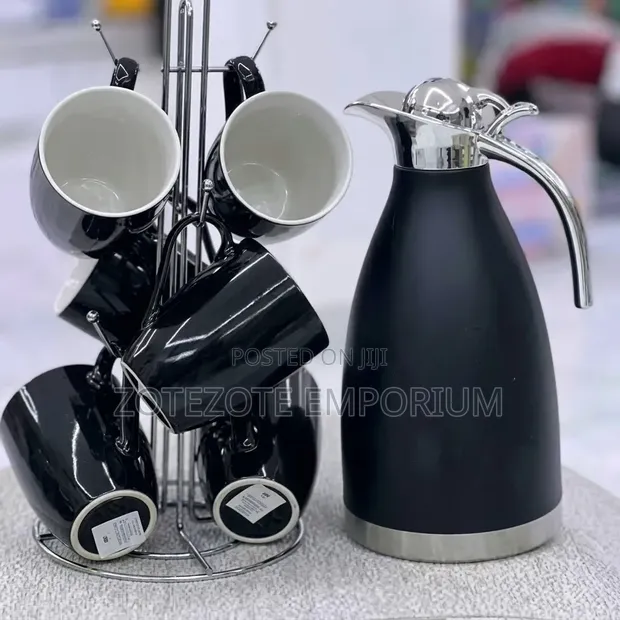 7-Piece Black Ceramic Breakfast Set with 2L Thermos - 1
