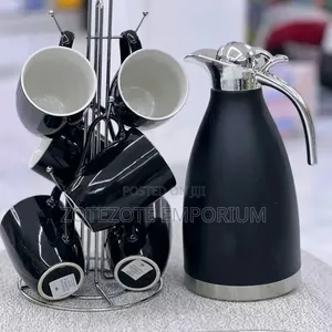7-Piece Black Ceramic Breakfast Set with 2L Thermos