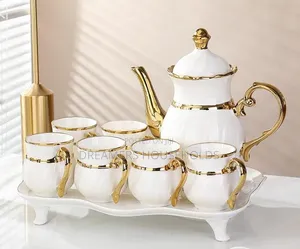 8-Piece Nordic Ceramic Tea Set with Gold Rim + Tray
