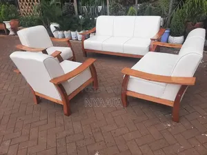 Seven Seater Open Sofa - Leather Fabric, Mahogany Wood