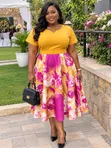 Elegant Floral Print Dress - Mustard Yellow & Pink - 1