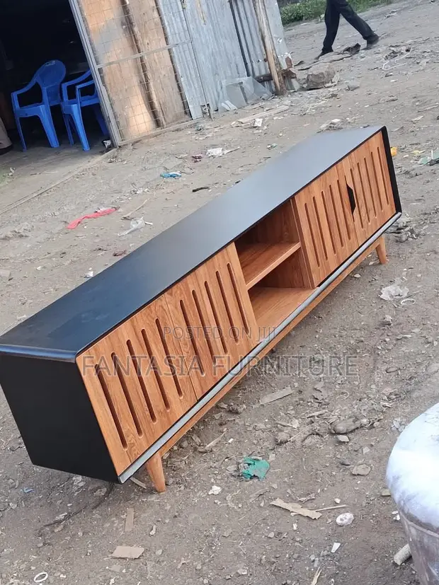 Black Wood Slatted TV Console - 1