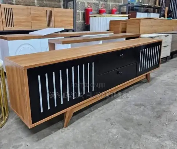 Natural-Finish Wood Black TV Console - 1