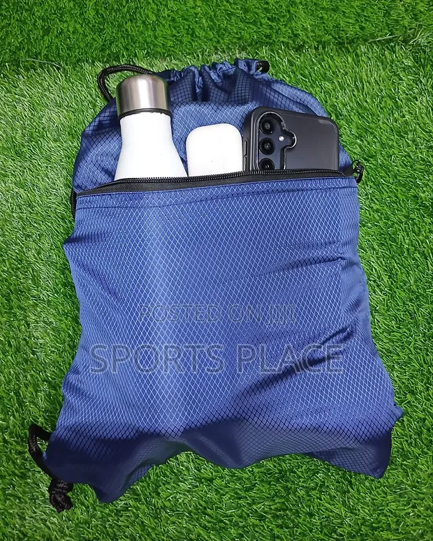 Blue Drawstring Bag with Outer Zip Pocket - 1