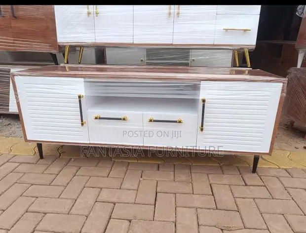 Two-Tone Louvered TV Stand with Drawers - 1