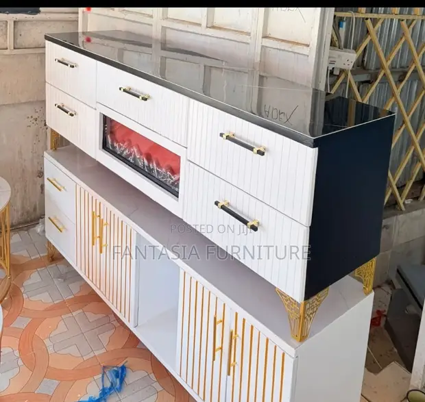Trendy Fluted TV Stand with Gold Trim - 1
