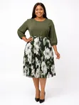 Floral Round Neck Tie Belt Pleated Dress - 1