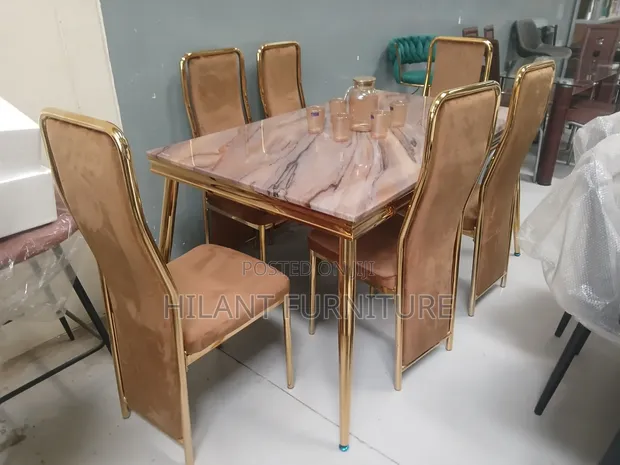 Luxury 6-Seater Marble Dining Set - Gold Frame - 1