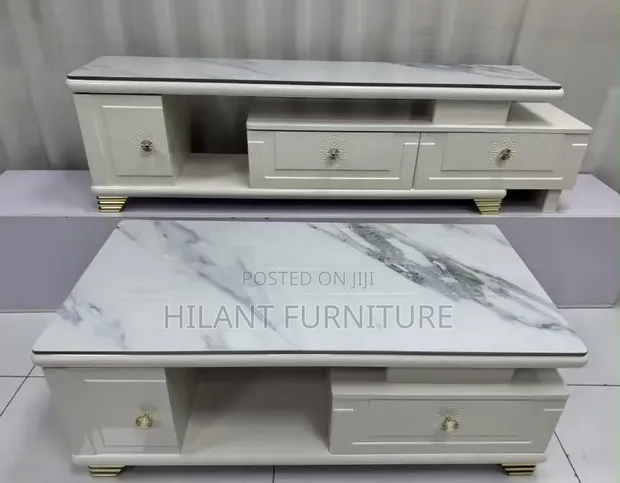 Luxury White Marble-Top TV Stand & Coffee Table Set - Gold Accent - 1